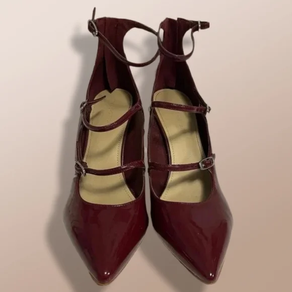 MARC FISHER Burgundy Patent Leather Strappy Pointed Toe Heels Ankle Strap Size 8 - Picture 7 of 13